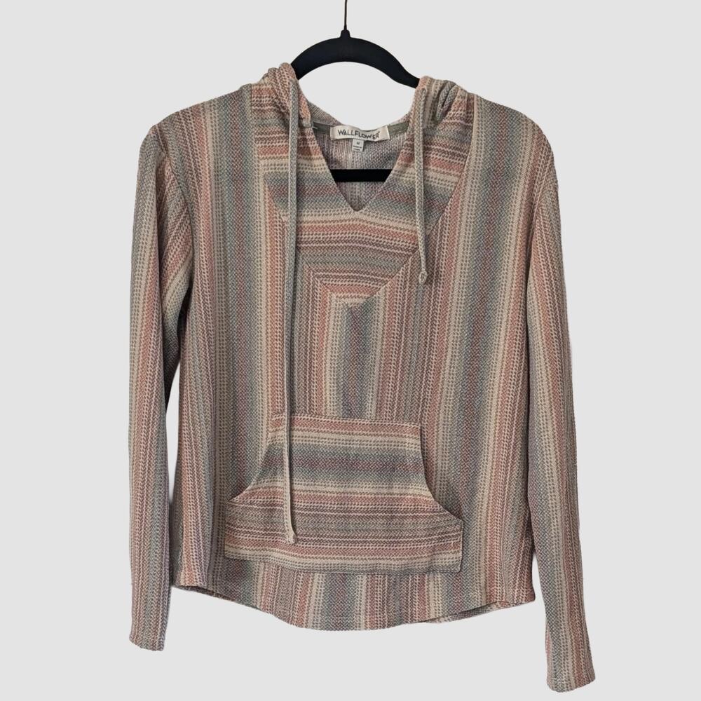 Wallflower Hooded Knit Pullover Hoodie Sweater M Striped Kangaroo Pocket Beach